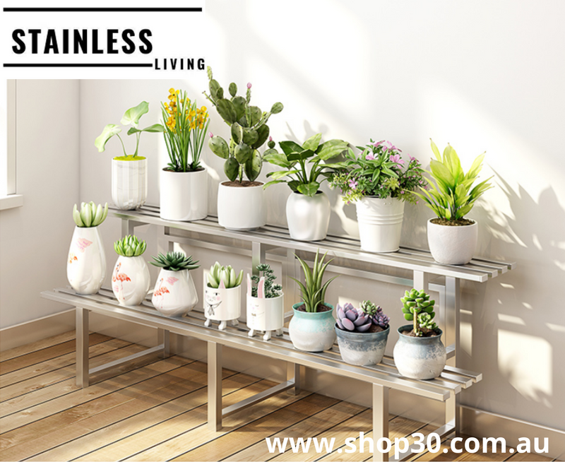 A : 2 Tiers Stainless Flower Plants Display Stand Length 100CM, Tier Width 20CM/25CM Indoor Or Outdoor