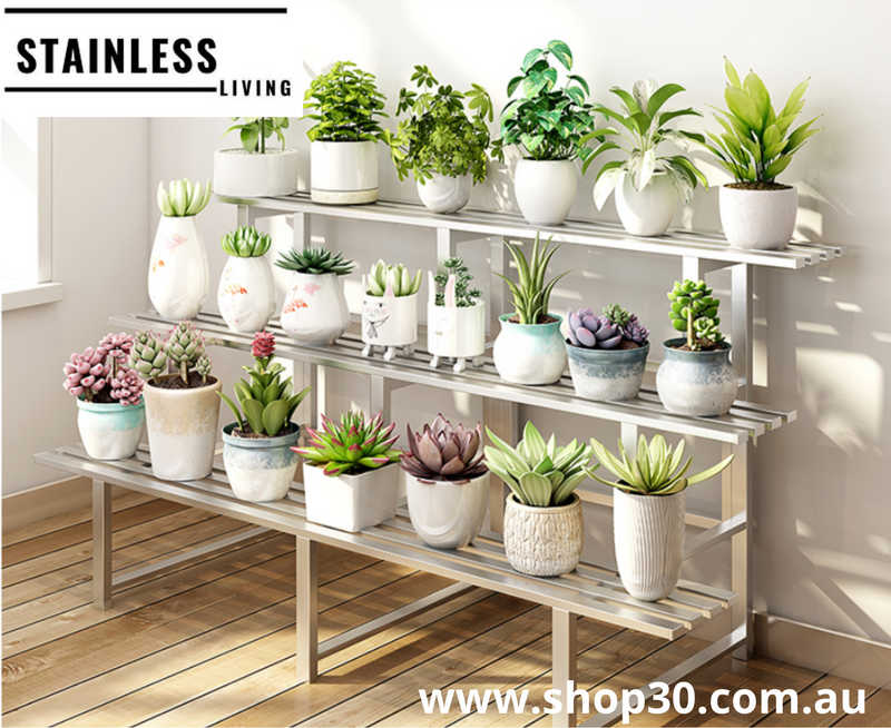 E : 3 Tiers Stainless Flower Plants Display Stand Length 120CM, Tier Width 20CM/25CM Indoor Or Outdoor