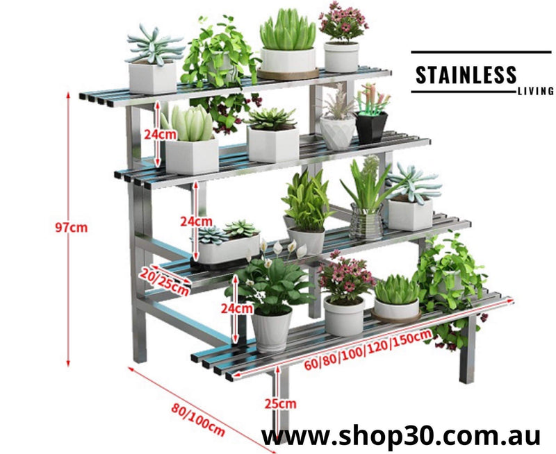 H : 4 Tiers Stainless Flower Plants Display Stand Length 120CM, Tier Width 20CM/25CM,Indoor Or Outdoor