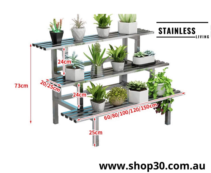 F : 3 Tiers Stainless Flower Plants Display Stand Length 150CM, Tier Width 20CM/25CM Indoor Or Outdoor