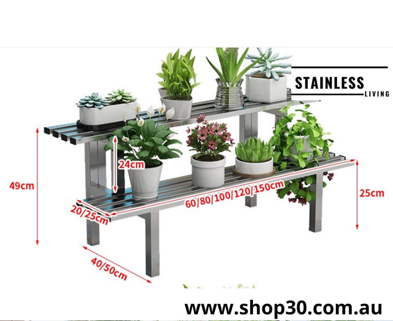 C : 2 Tiers Stainless Flower Plants Display Stand Length 150CM, Tier Width 20CM/25CM Indoor Or Outdoor