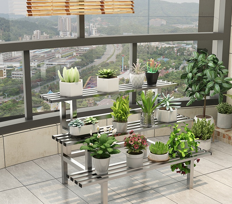 F : 3 Tiers Stainless Flower Plants Display Stand Length 150CM, Tier Width 20CM/25CM Indoor Or Outdoor